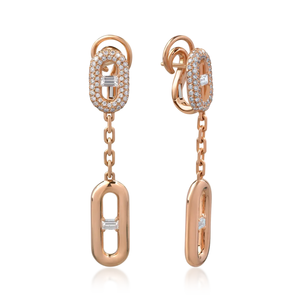 Cercei din aur roz cu diamante baguette si round de 1.4ct