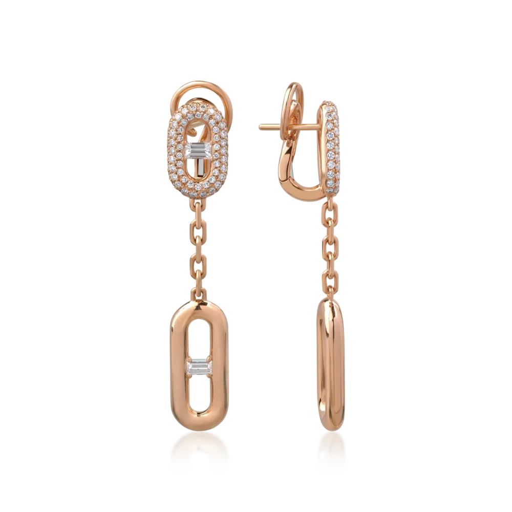 Cercei din aur roz cu diamante baguette si round de 1.4ct - imagine 3