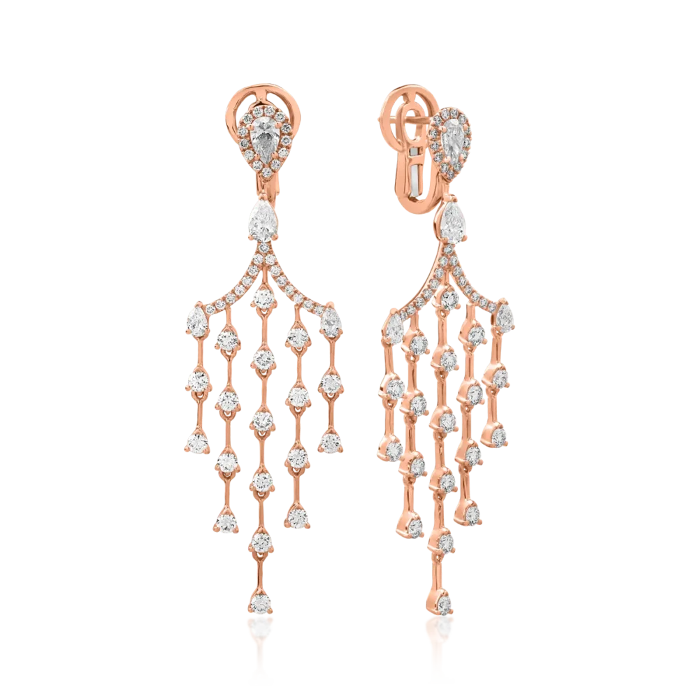 Cercei din aur roz cu diamante pear si round de 3.43ct