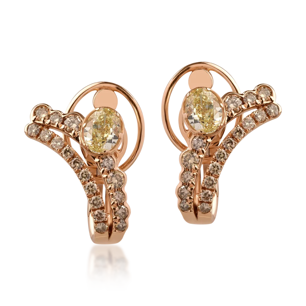 Cercei din aur roz cu diamante fancy galbene ovale de 1.63ct si diamante maro round de 1.1ct - imagine 2