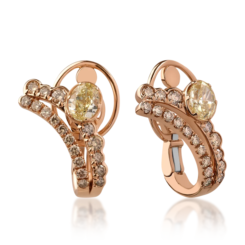 Cercei din aur roz cu diamante fancy galbene ovale de 1.63ct si diamante maro round de 1.1ct