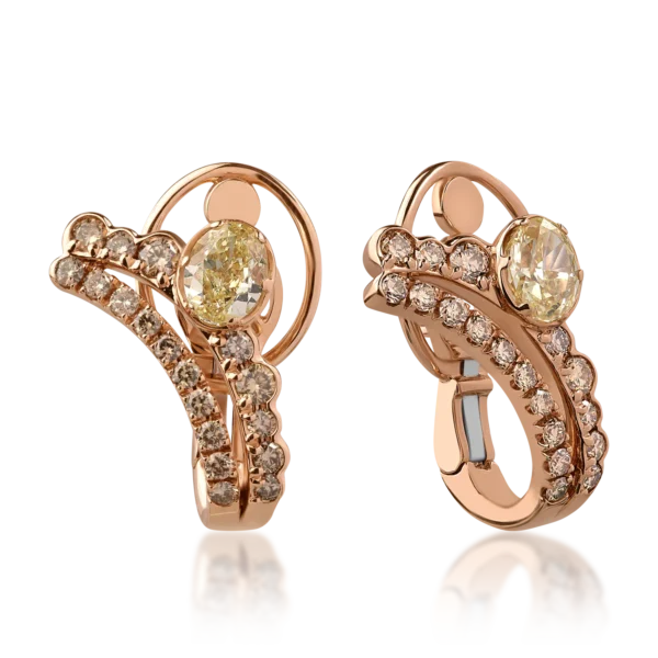 Cercei din aur roz cu diamante fancy galbene ovale de 1.63ct si diamante maro round de 1.1ct