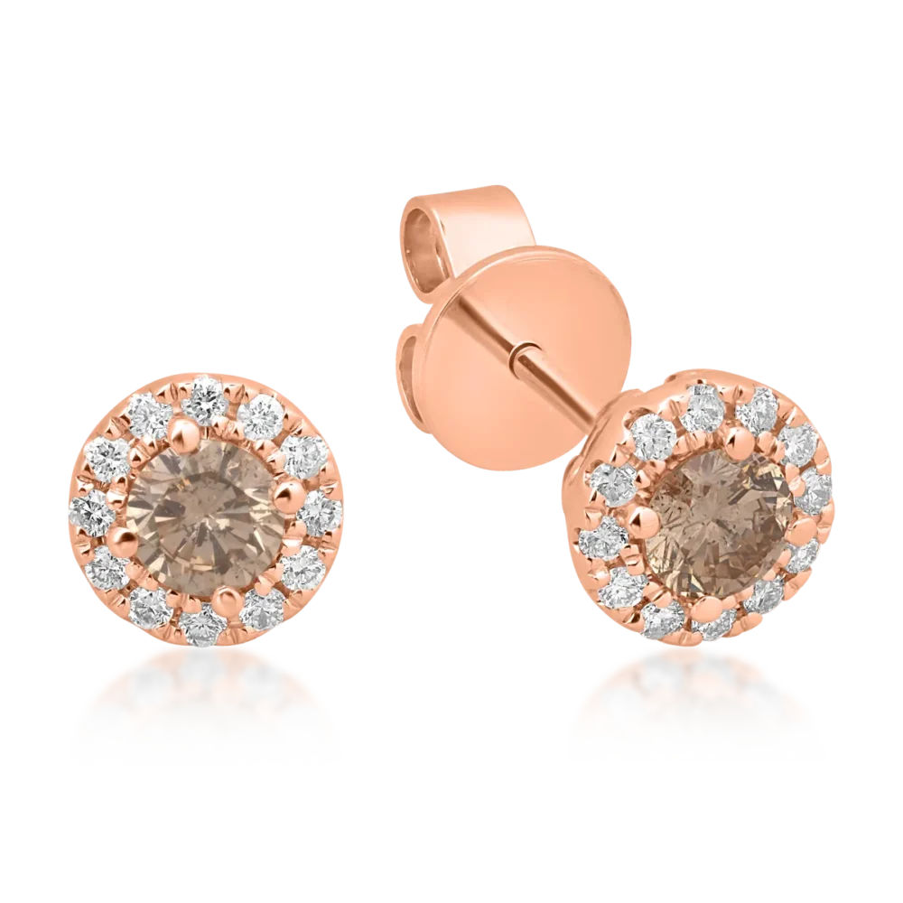 Cercei din aur roz cu diamante maro de 0.8ct si diamante transparente de 0.15ct