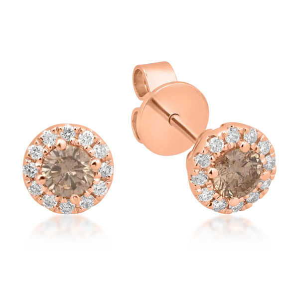 Cercei din aur roz cu diamante maro de 0.8ct si diamante transparente de 0.15ct