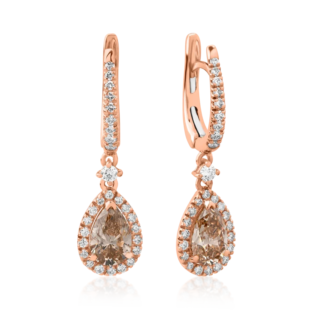 Cercei din aur roz cu diamante maro pear de 1.15ct si diamante round de 0.42ct