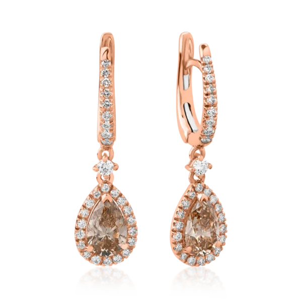 Cercei din aur roz cu diamante maro pear de 1.15ct si diamante round de 0.42ct