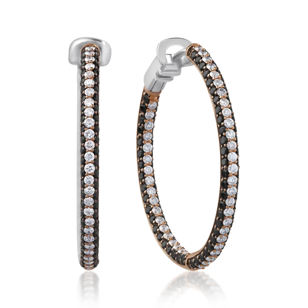 Cercei din aur roz cu diamante transparente de 0.78ct si diamante negre de 1.3ct