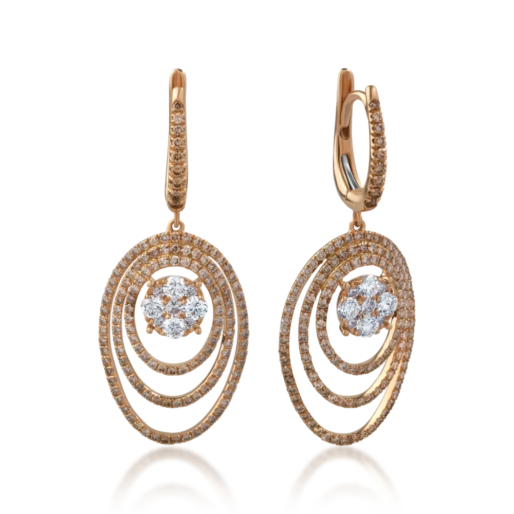 Cercei din aur roz cu diamante transparente de 0.88ct si diamante maro de 1.45ct