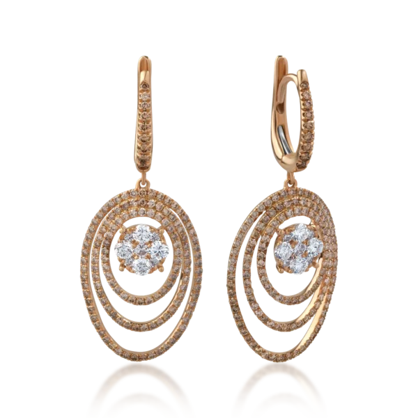 Cercei din aur roz cu diamante transparente de 0.88ct si diamante maro de 1.45ct