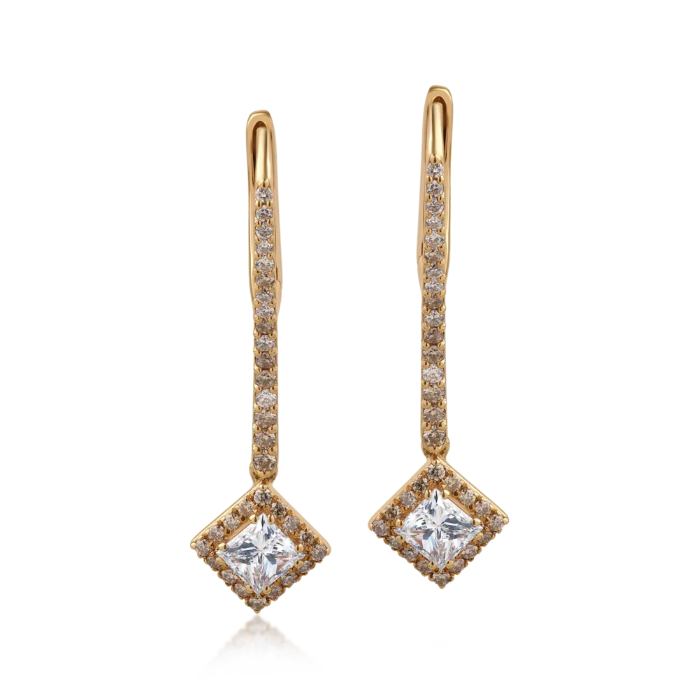 Cercei din aur roz cu diamante incolore de 1.22ct si diamante maro princess si round de 0.45ct - imagine 2