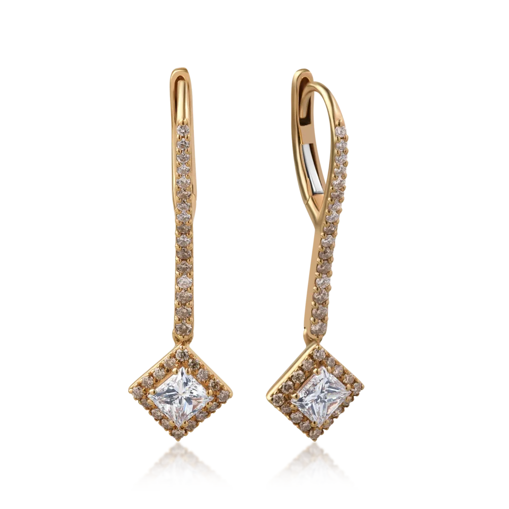 Cercei din aur roz cu diamante incolore de 1.22ct si diamante maro princess si round de 0.45ct