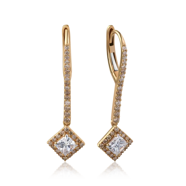 Cercei din aur roz cu diamante incolore de 1.22ct si diamante maro princess si round de 0.45ct