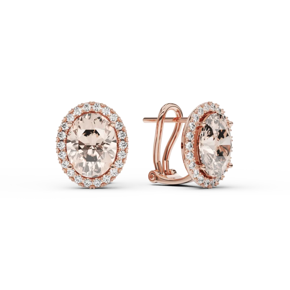 Cercei din aur roz cu morganite ovale de 4ct si diamante de 0.33ct