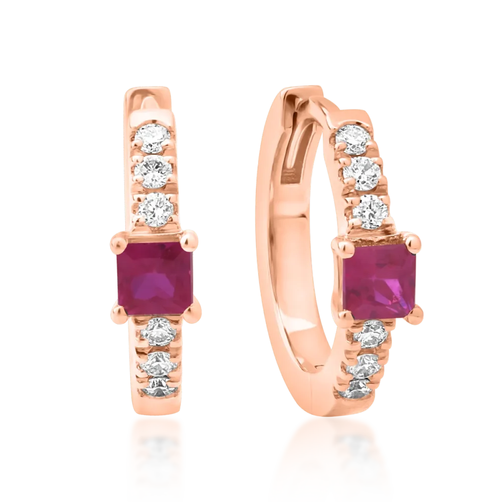Cercei din aur roz cu rubine princess de 0.15ct si diamante de 0.06ct