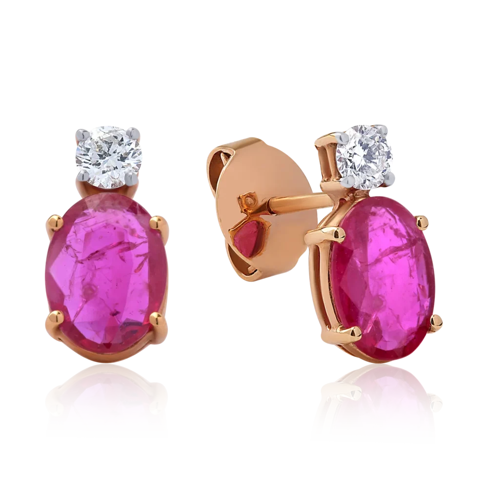 Cercei din aur roz cu rubine ovale de 1.75ct si diamante de 0.26ct