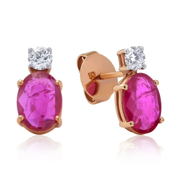 Cercei din aur roz cu rubine ovale de 1.75ct si diamante de 0.26ct