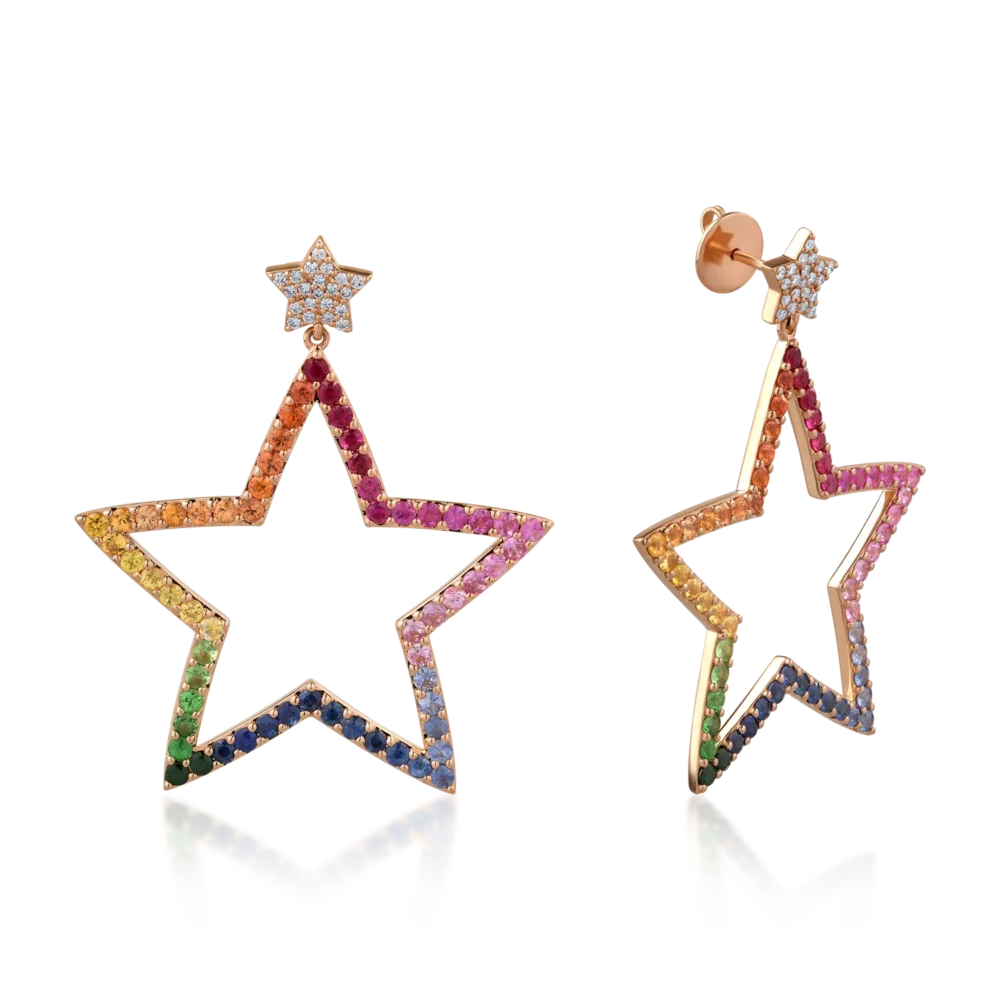 Cercei din aur roz cu safire multicolore de 6ct si diamante de 0.28ct