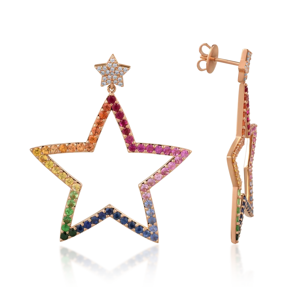 Cercei din aur roz cu safire multicolore de 6ct si diamante de 0.28ct - imagine 3