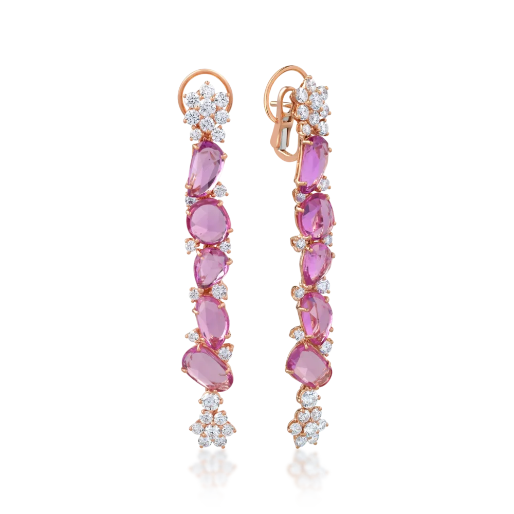 Cercei din aur roz cu safire roz ovale de 13.73ct si diamante round de 2.91ct