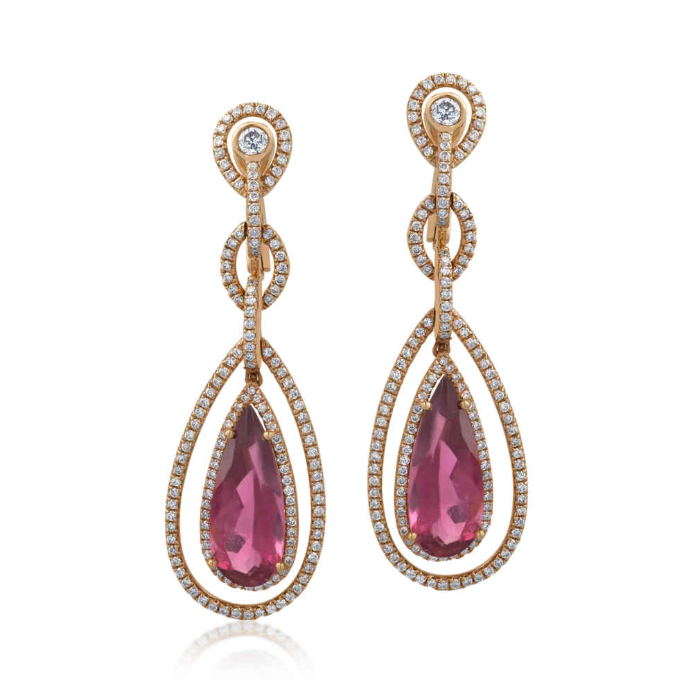 Cercei din aur roz cu turmaline roz pear de 6.7ct si diamante round de 1.27ct - imagine 2