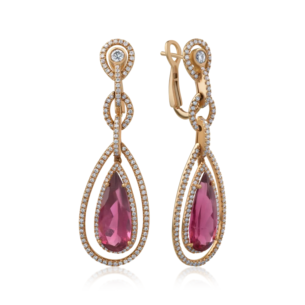 Cercei din aur roz cu turmaline roz pear de 6.7ct si diamante round de 1.27ct