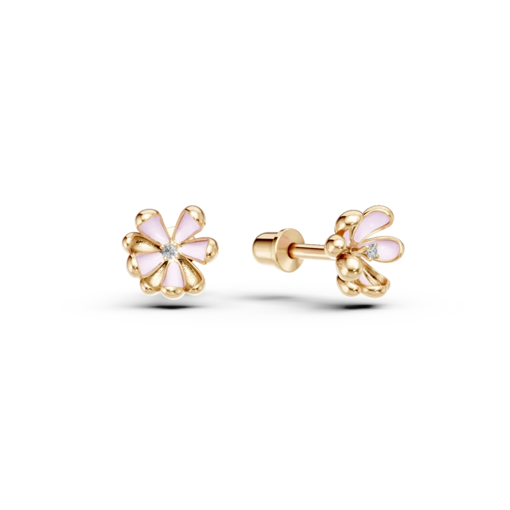 Cercei floare de tei din aur galben cu diamante de 0.02ct pentru copii