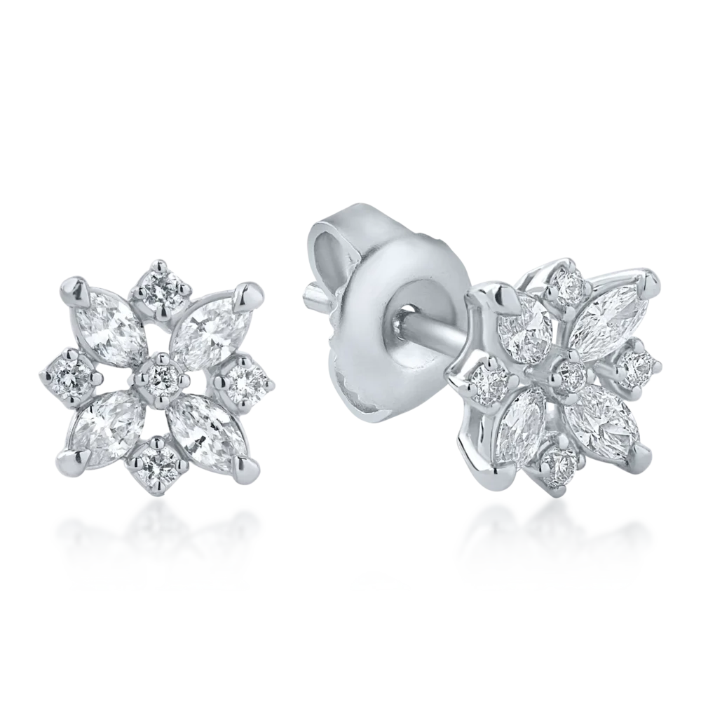 Cercei floare din aur alb cu diamante marquise si rotunde de 0.47ct