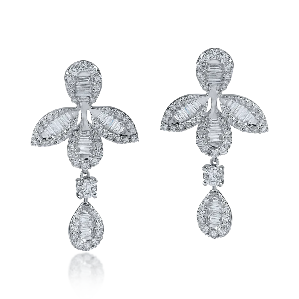 Cercei floare din aur alb cu diamante baguette si rotunde de 2.4ct - imagine 2