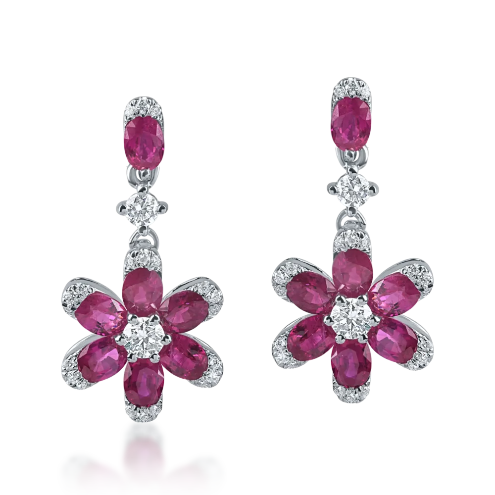 Cercei floare din aur alb cu rubine ovale si diamante de 2.1ct - imagine 2