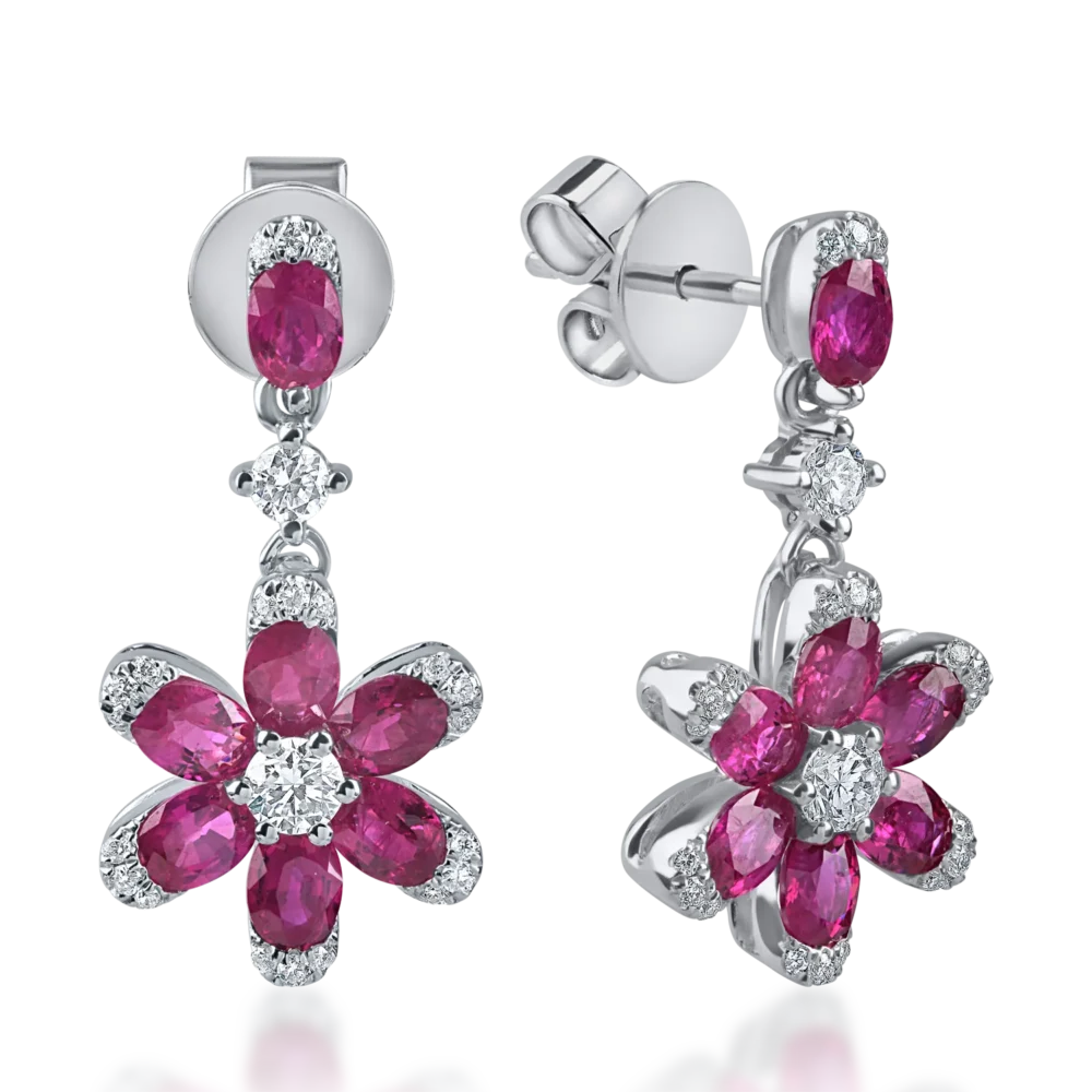 Cercei floare din aur alb cu rubine ovale si diamante de 2.1ct