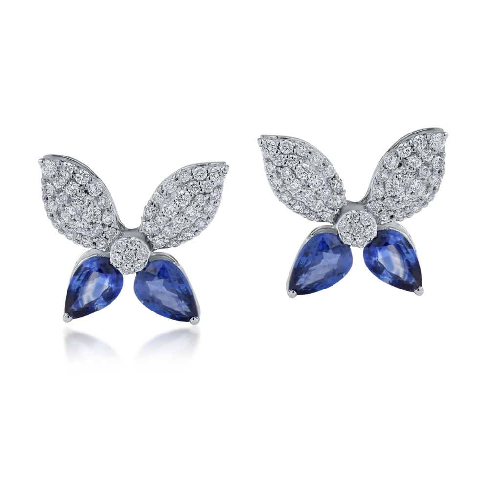 Cercei floare din aur alb cu safire pear de 1.86ct si diamante de 0.6ct - imagine 2