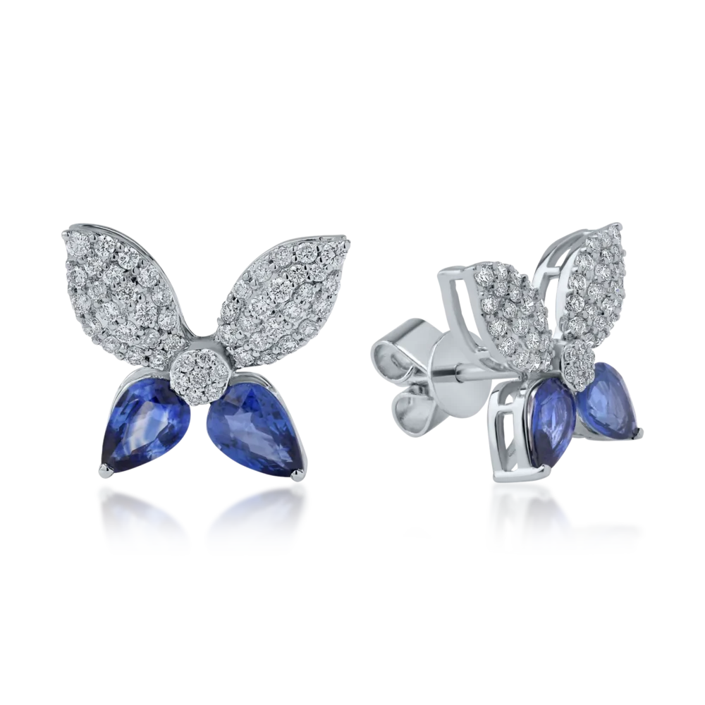 Cercei floare din aur alb cu safire pear de 1.86ct si diamante de 0.6ct