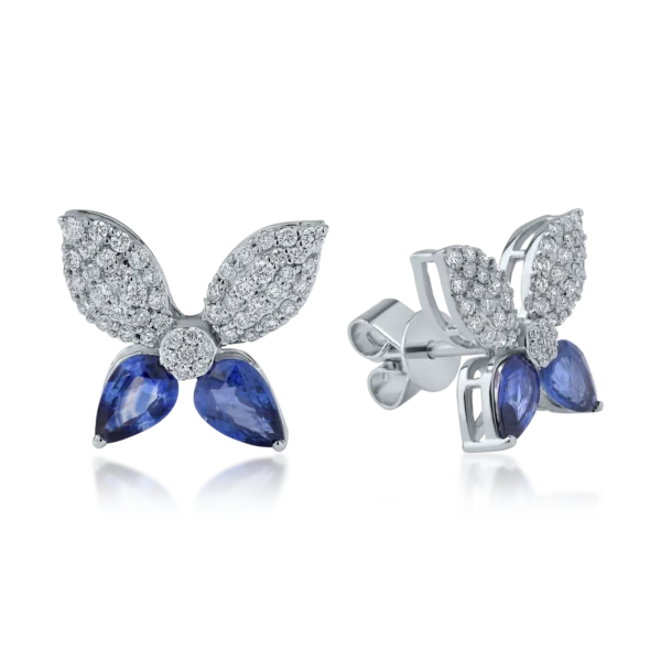 Cercei floare din aur alb cu safire pear de 1.86ct si diamante de 0.6ct