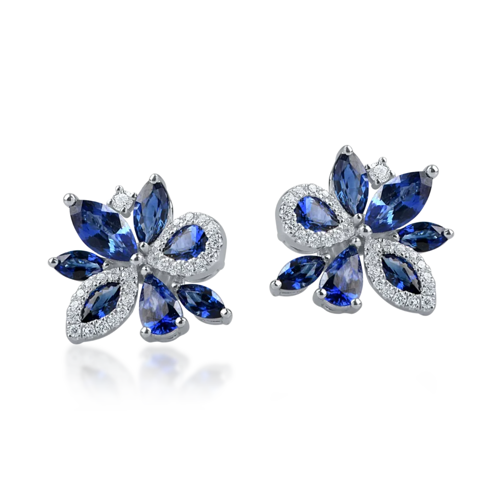 Cercei floare din aur alb cu safire pear si marquise de 2ct si diamante de 0.2ct - imagine 2