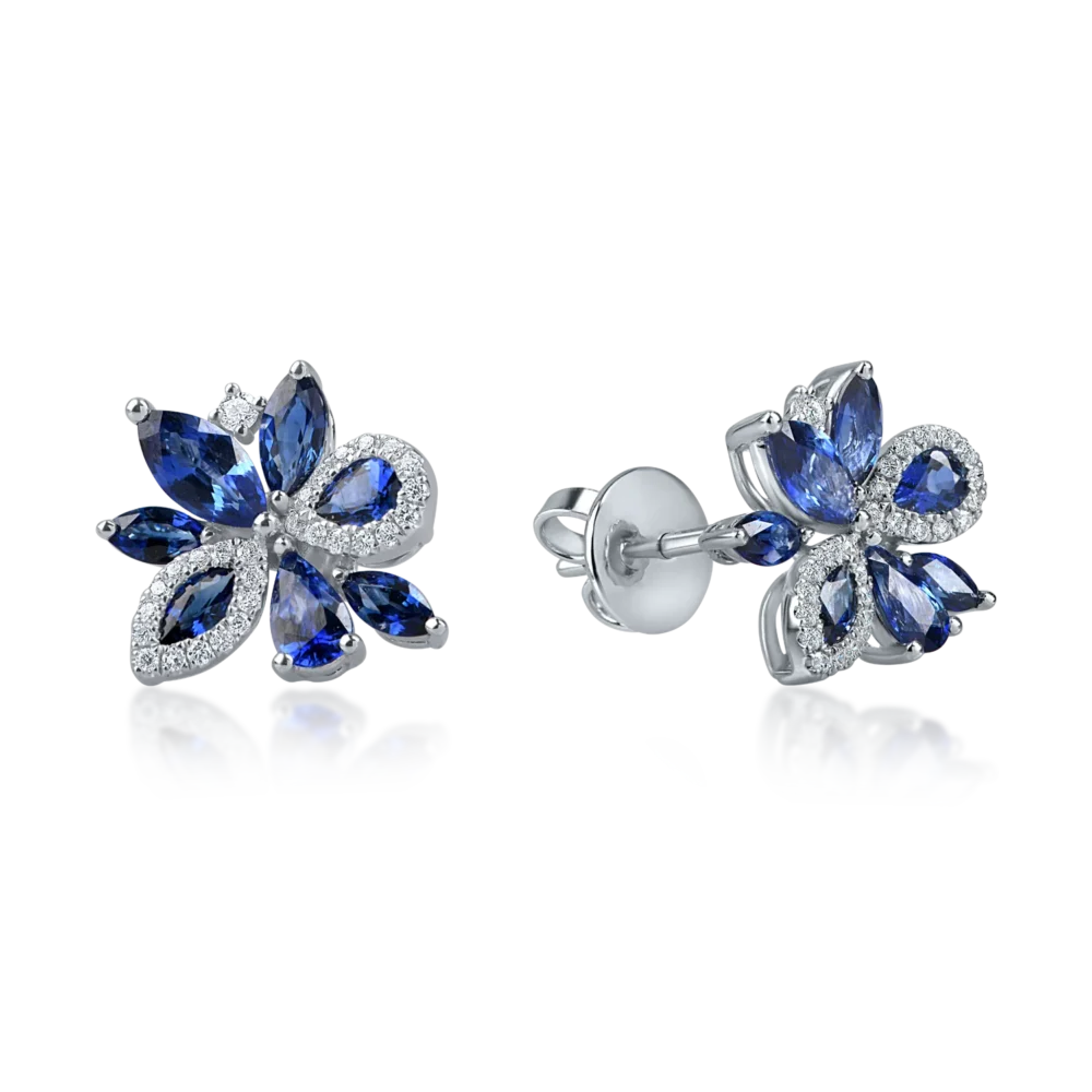 Cercei floare din aur alb cu safire pear si marquise de 2ct si diamante de 0.2ct