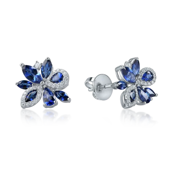 Cercei floare din aur alb cu safire pear si marquise de 2ct si diamante de 0.2ct