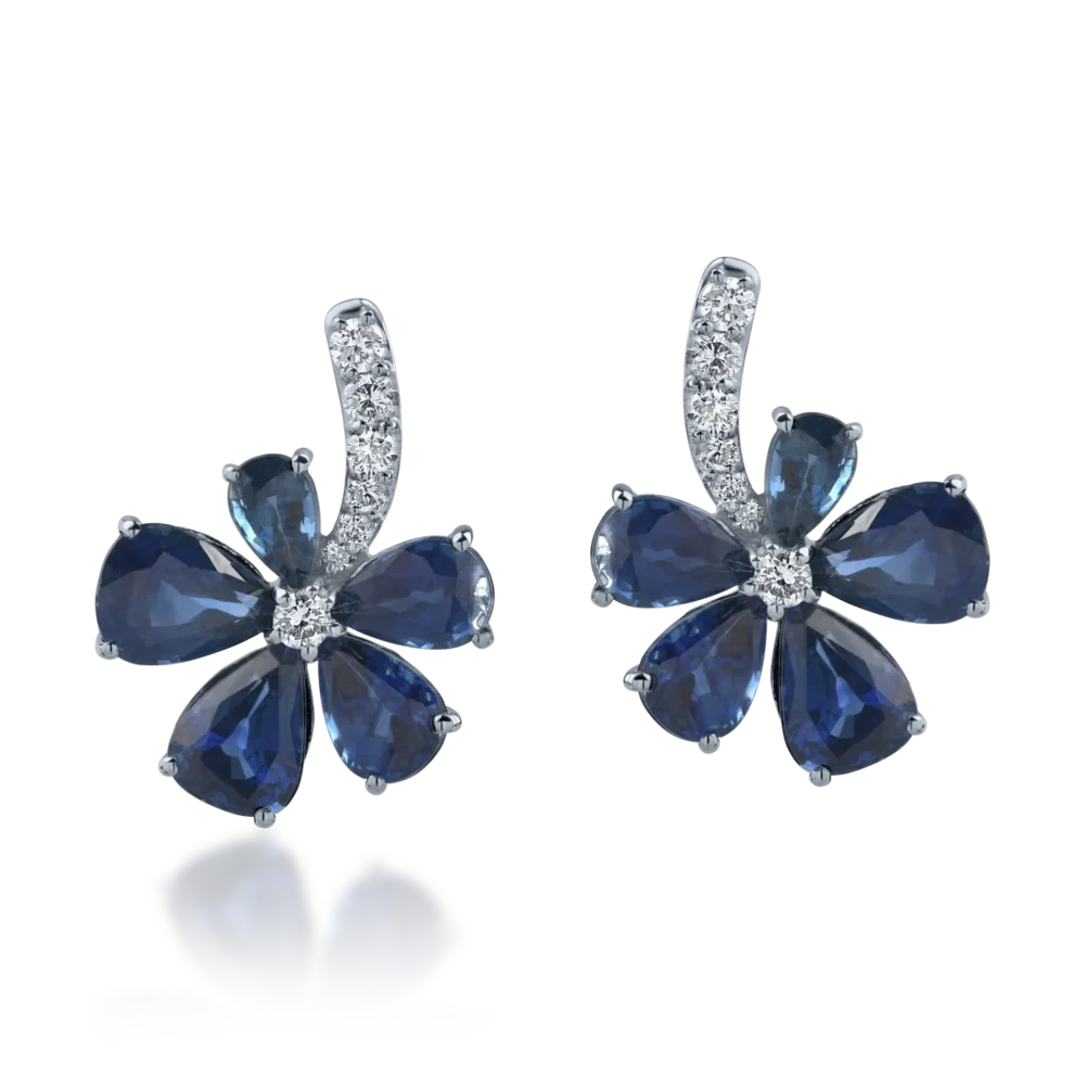 Cercei floare din aur alb cu safire pear de 6.08ct si diamante de 0.28ct - imagine 2