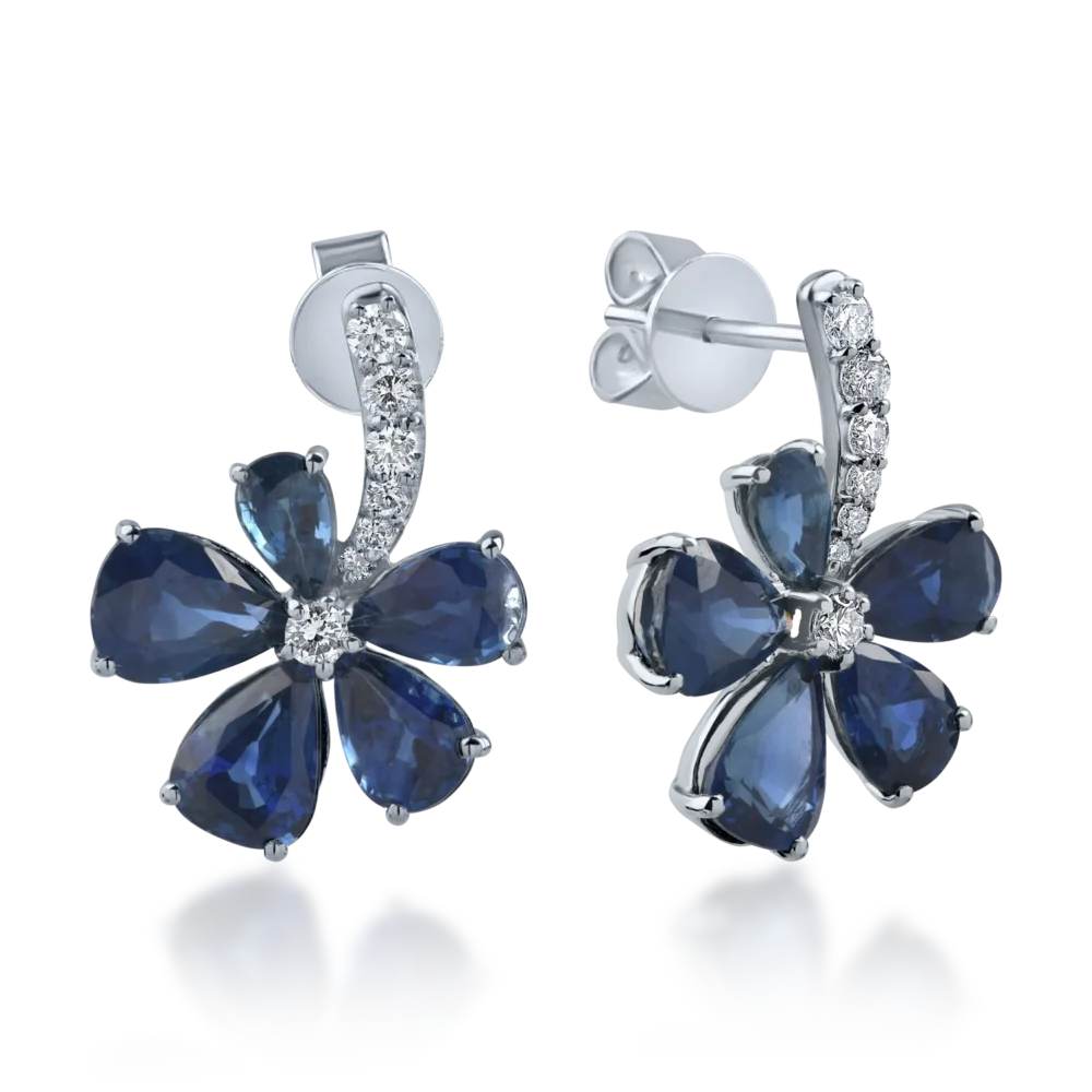 Cercei floare din aur alb cu safire pear de 6.08ct si diamante de 0.28ct
