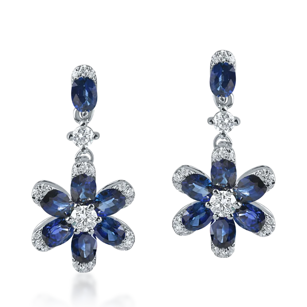 Cercei floare din aur alb cu safire ovale si diamante de 2ct - imagine 2