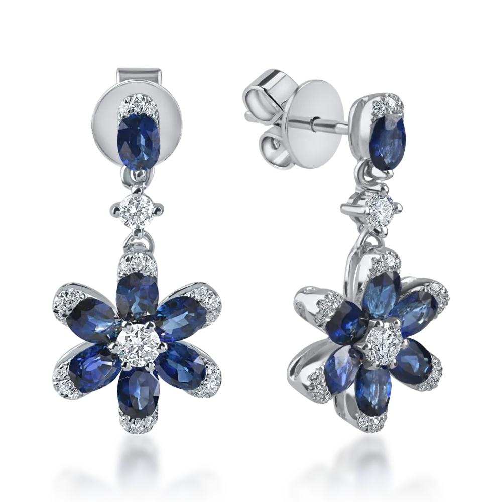 Cercei floare din aur alb cu safire ovale si diamante de 2ct