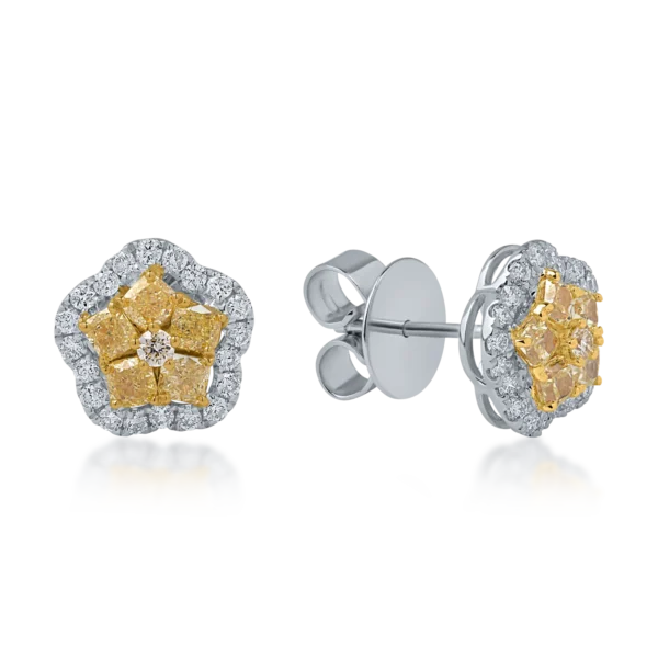 Cercei floare din aur alb-galben cu diamante galbene si incolore de 1.5ct