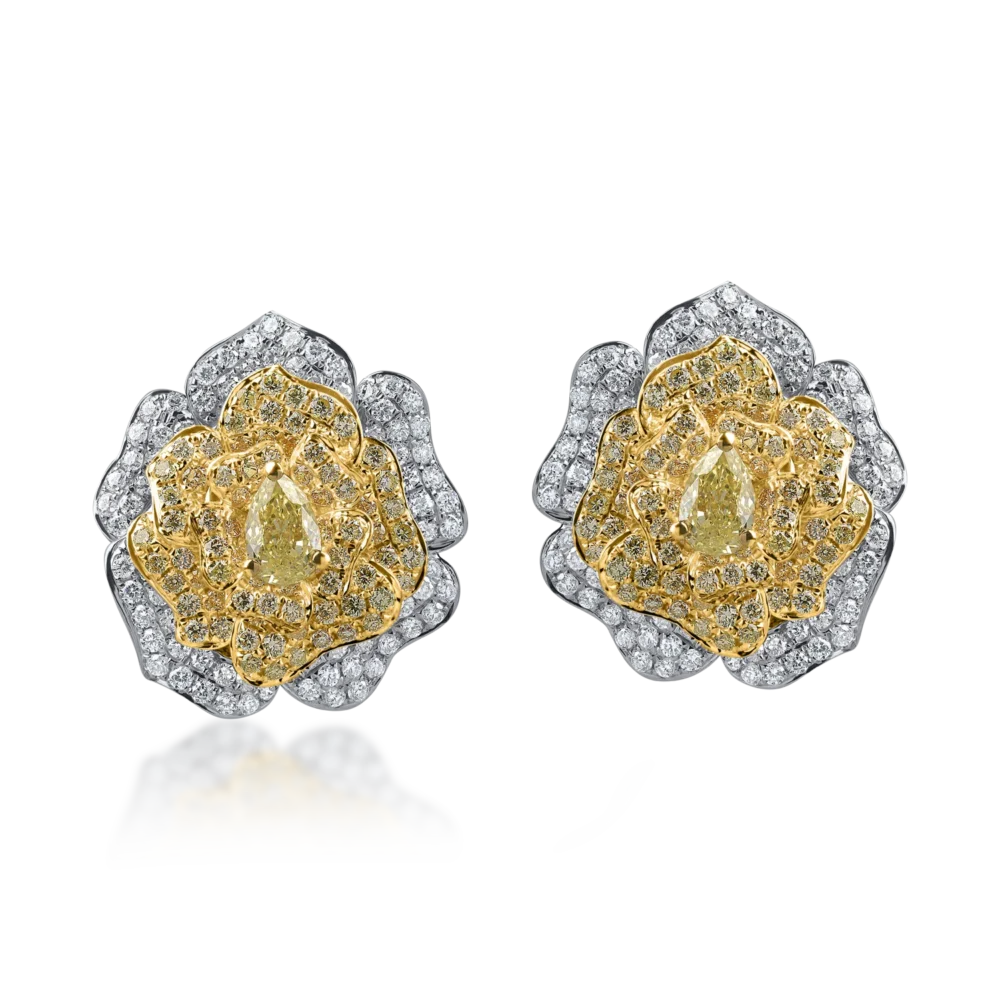 Cercei floare din aur alb-galben cu diamante galbene si incolore round si pear de 2.6ct - imagine 2