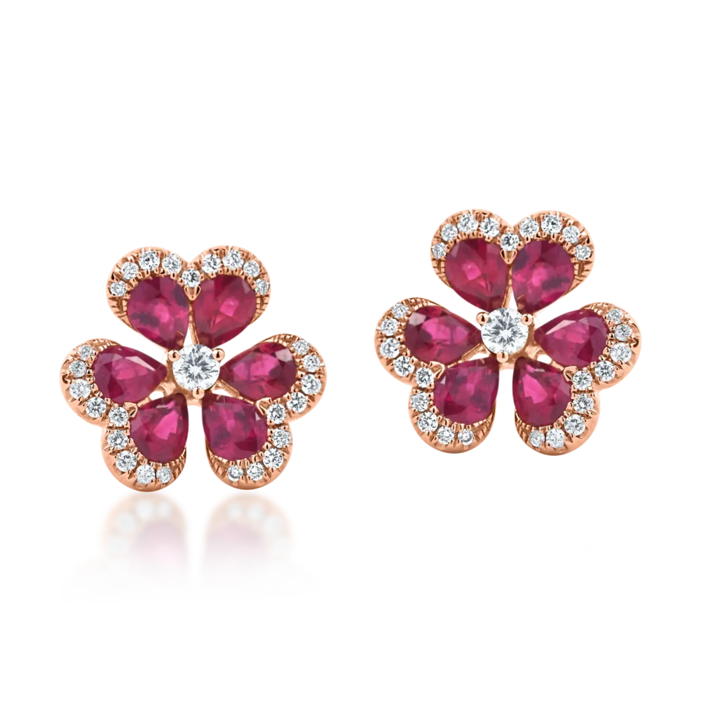 Cercei floare din aur alb-roz cu rubine pear si diamante de 2.5ct - imagine 2