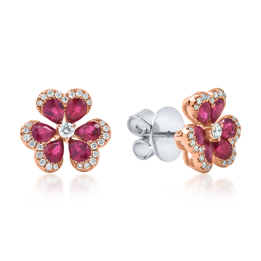 Cercei floare din aur alb-roz cu rubine pear si diamante de 2.5ct