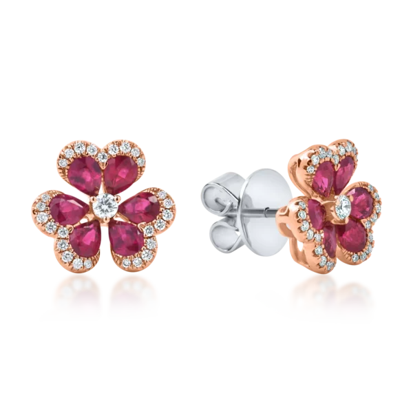 Cercei floare din aur alb-roz cu rubine pear si diamante de 2.5ct