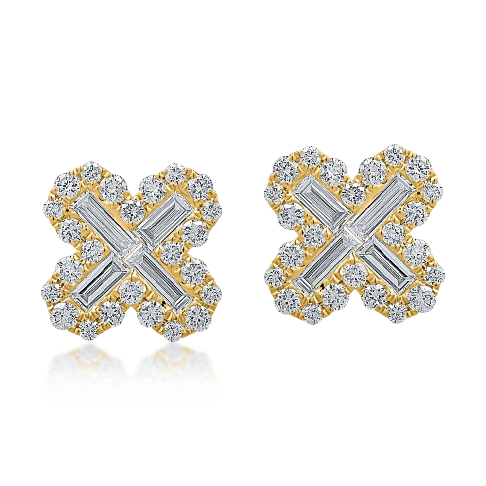 Cercei floare din aur galben cu diamante baguette si rotunde de 1.0ct - imagine 2