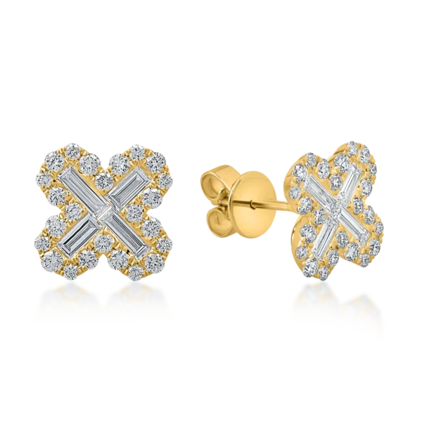 Cercei floare din aur galben cu diamante baguette si rotunde de 1.0ct