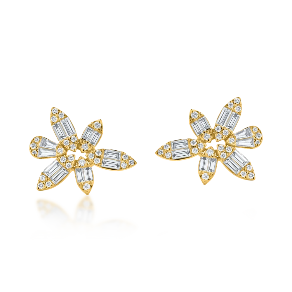 Cercei floare din aur galben cu diamante baguette si rotunde de 1.6ct - imagine 2