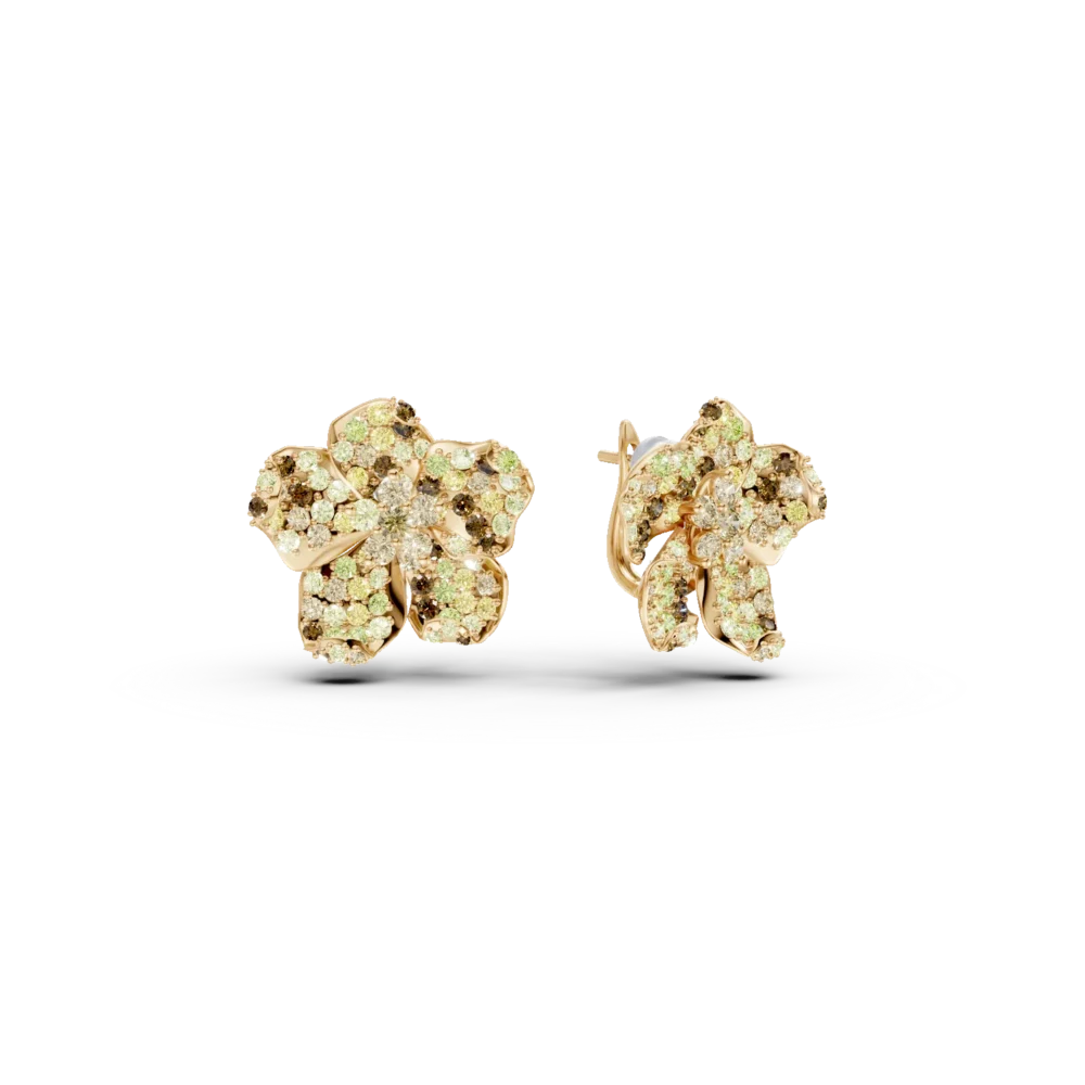 Cercei floare din aur galben cu diamante multicolore de 5.3ct
