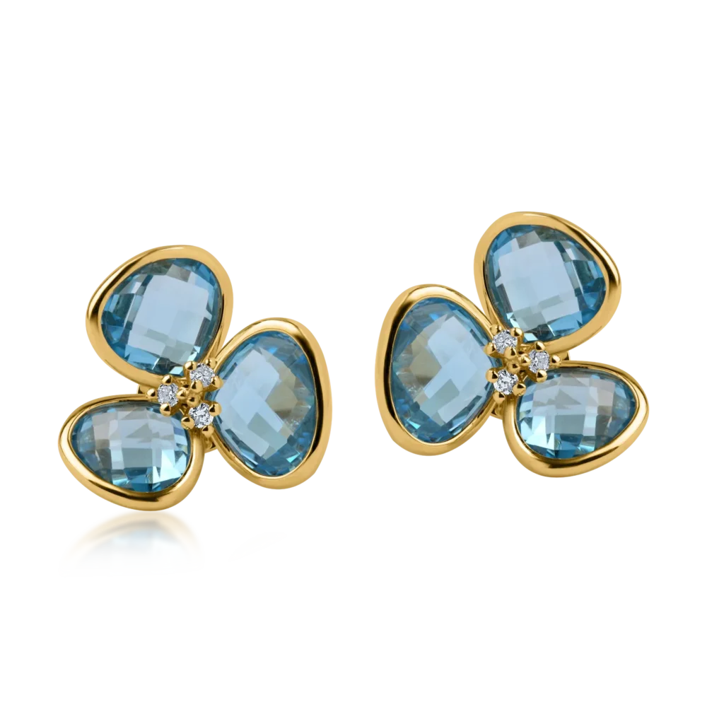 Cercei floare din aur galben cu topaze albastre de 10.3ct si diamante de 0.09ct - imagine 2